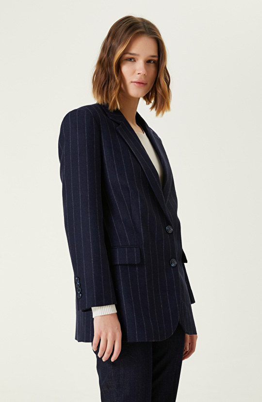 Lacivert Yün Karışımlı Blazer Ceket