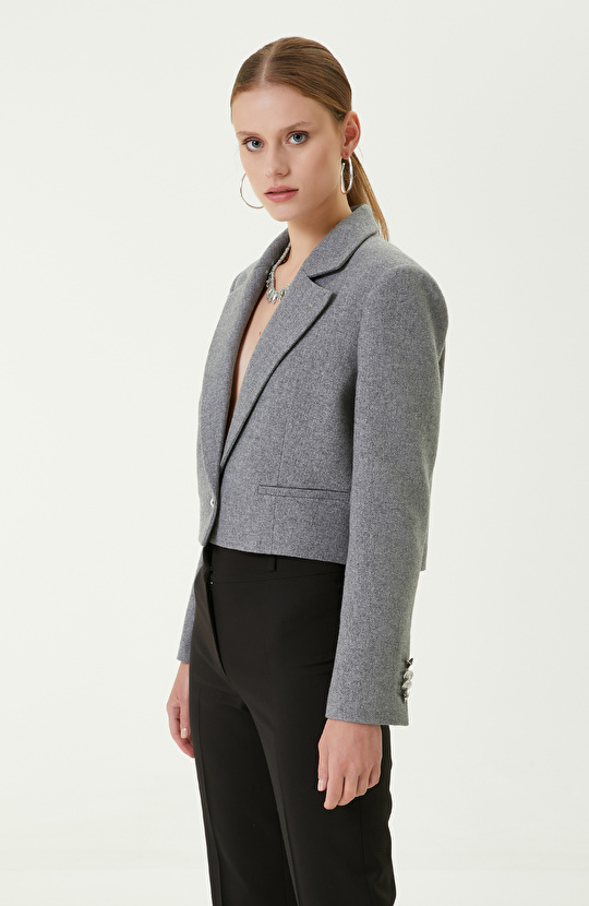 Çizgili Gri Crop Blazer Ceket