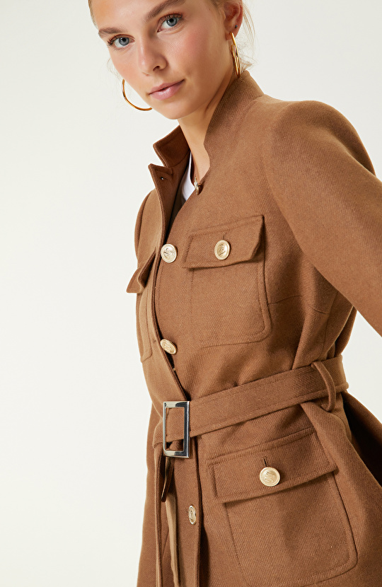 Camel Dik Yaka Kemerli Ceket