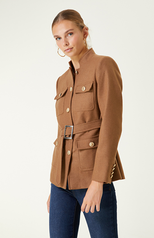 Camel Dik Yaka Kemerli Ceket