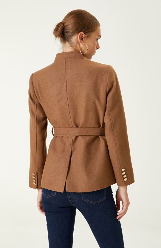 Camel Dik Yaka Kemerli Ceket