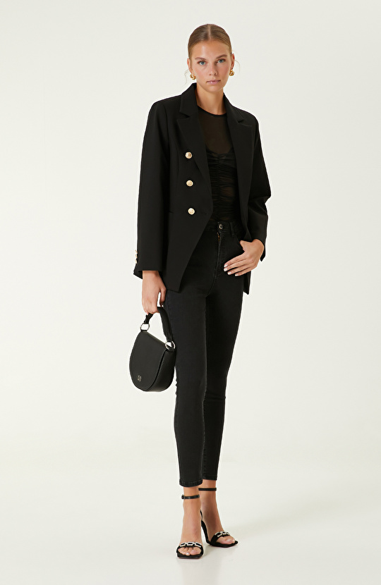 Siyah Dokuma Kruvaze Ceket