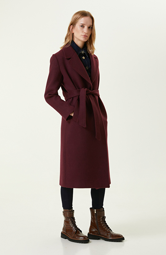 Bordo Beli Kemerli Manto