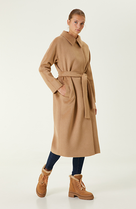 Camel Beli Kemerli Manto