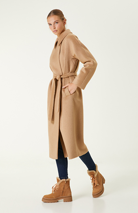 Camel Beli Kemerli Manto