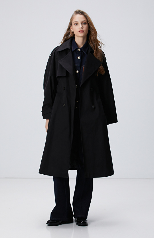 Siyah Dokuma Kemerli Trençkot