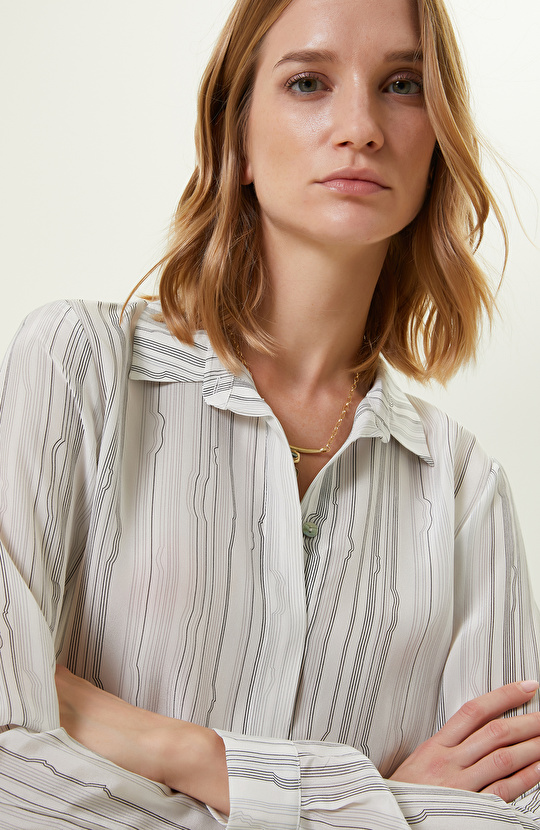 Limited Ekru Desenli İpek Gömlek