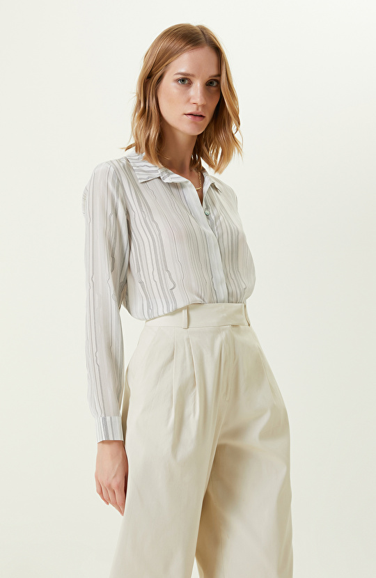 Limited Ekru Desenli İpek Gömlek