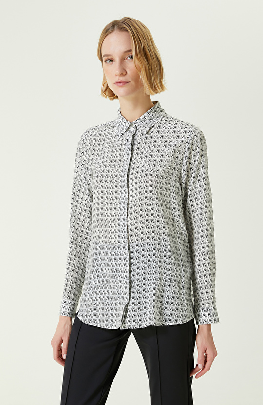 Ekru Desenli İpek Gömlek