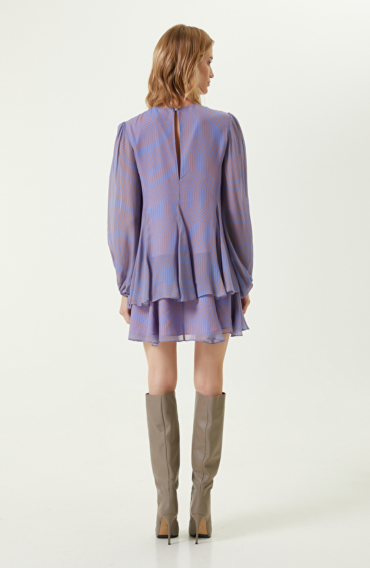 Lila Eteği Volanlı Elbise