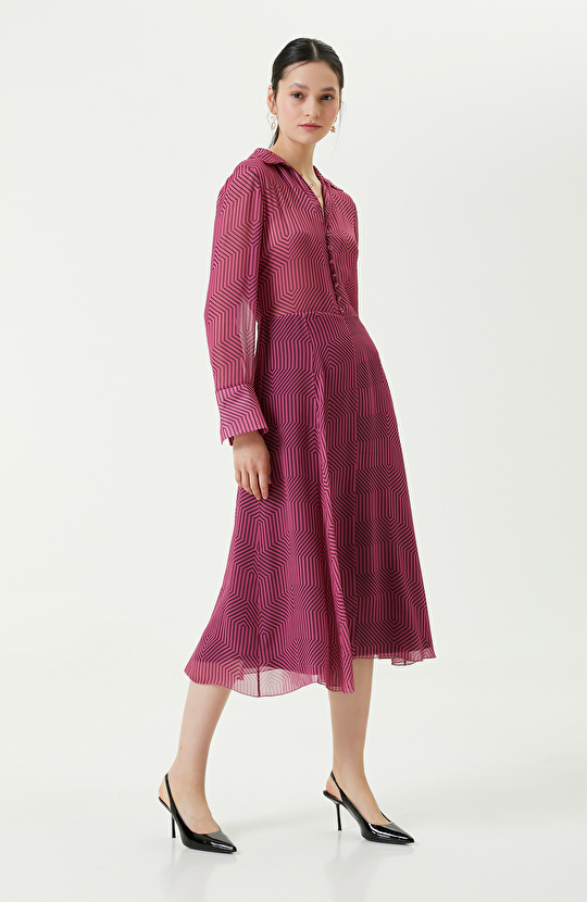 Düğme Detaylı Fuşya Uzun Kollu Elbise