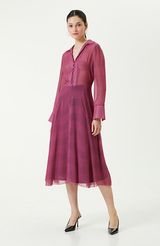 Düğme Detaylı Fuşya Uzun Kollu Elbise