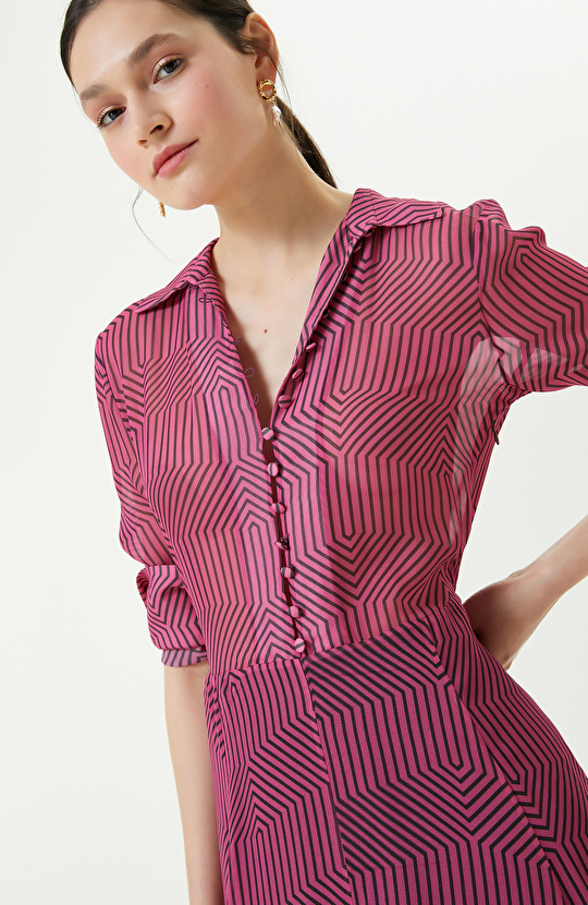 Düğme Detaylı Fuşya Uzun Kollu Elbise