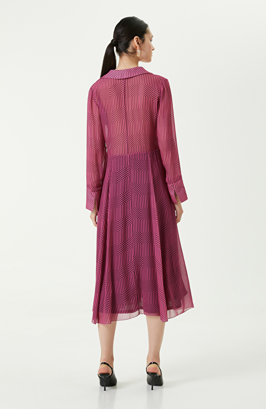 Düğme Detaylı Fuşya Uzun Kollu Elbise