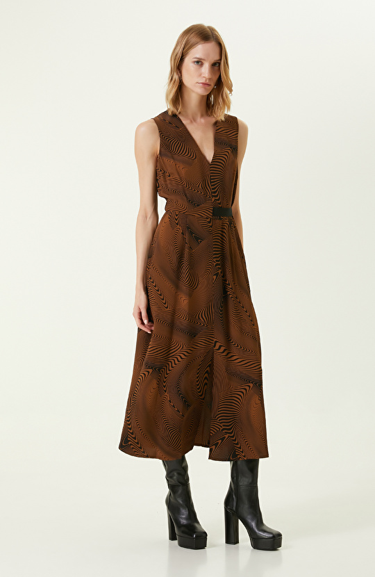 Camel Desenli Uzun Elbise