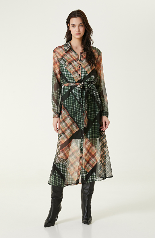 Kemerli Yeşil Desenli Elbise