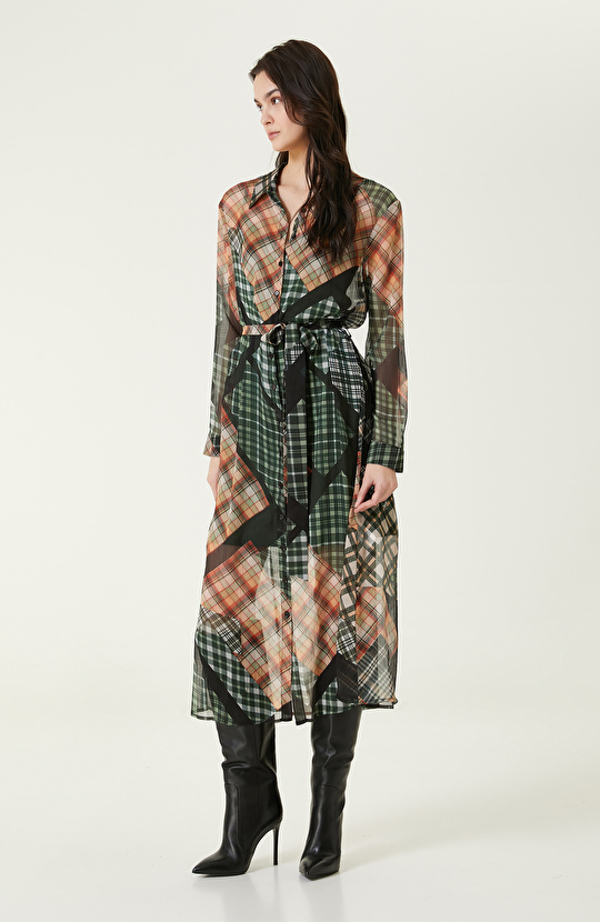 Kemerli Yeşil Desenli Elbise