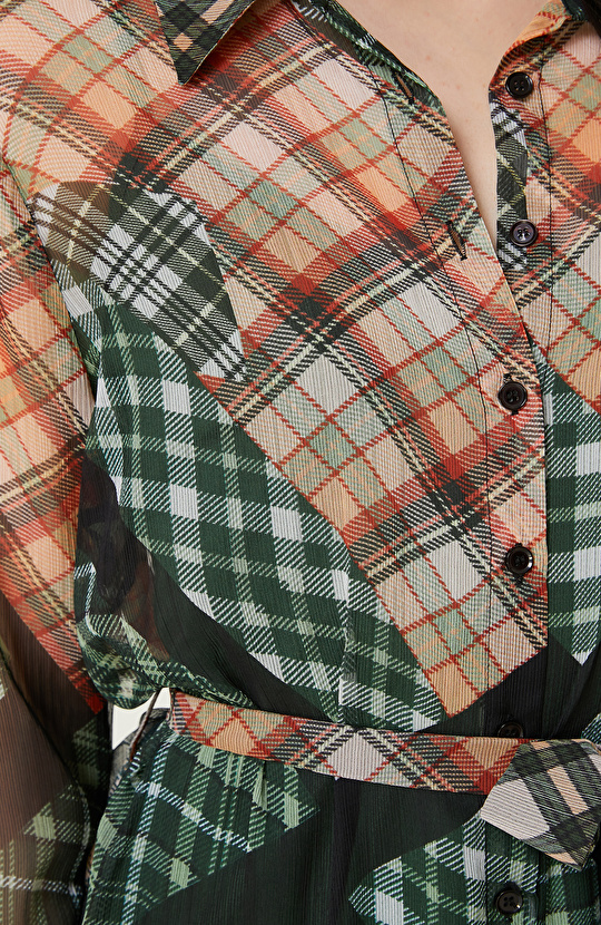 Kemerli Yeşil Desenli Elbise