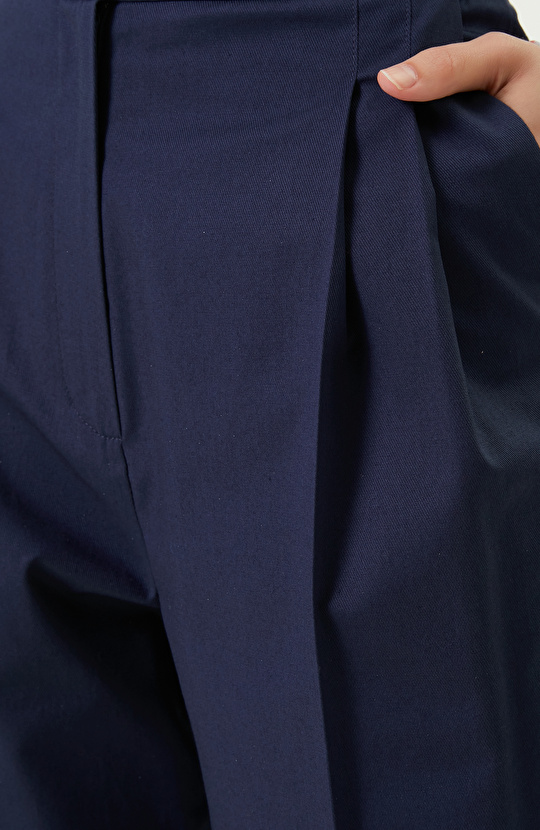 Lacivert Pilili Düz Paça Yüksek Bel Pantolon