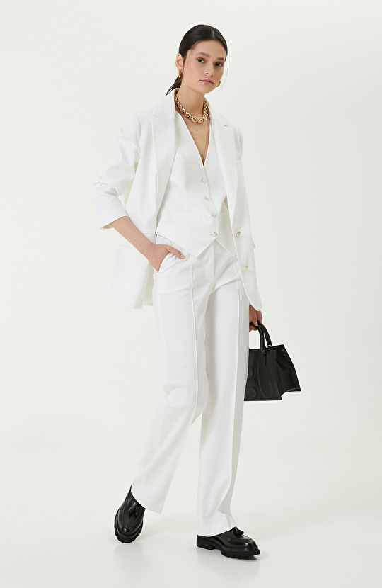 Ekru Pilili Bol Paça Yüksek Bel Pantolon