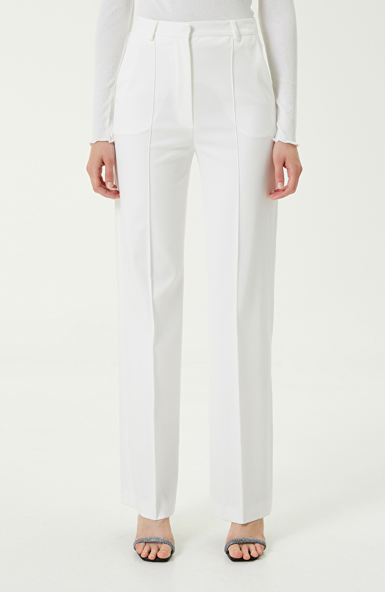 Ekru Pilili Bol Paça Yüksek Bel Pantolon