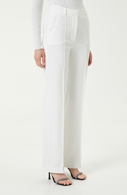 Ekru Pilili Bol Paça Yüksek Bel Pantolon