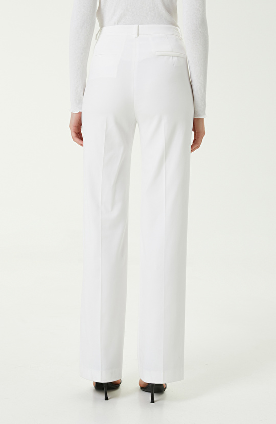 Ekru Pilili Bol Paça Yüksek Bel Pantolon