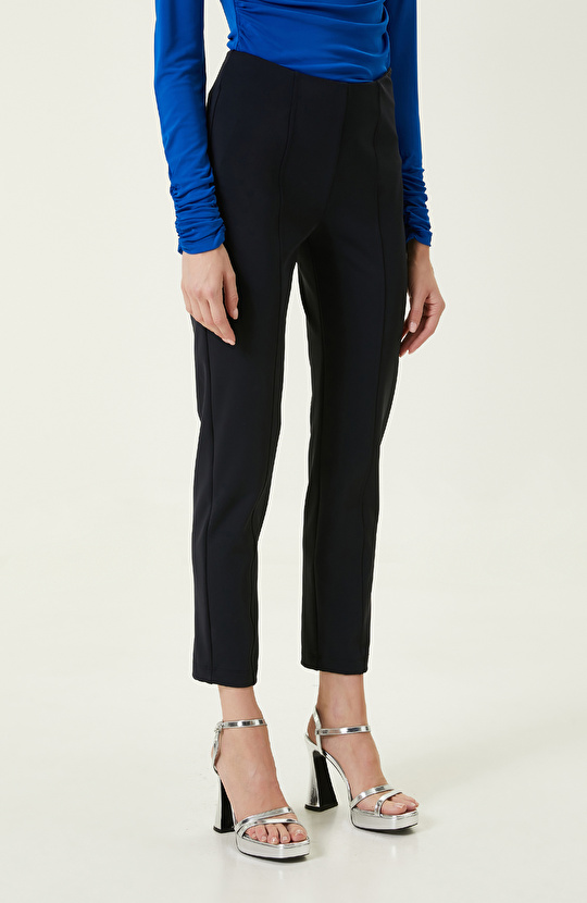 Lacivert Kemersiz Yüksek Bel Pantolon