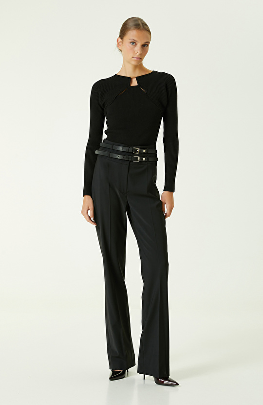 Çift Kemer Detaylı Siyah Pantolon