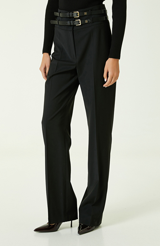 Çift Kemer Detaylı Siyah Pantolon