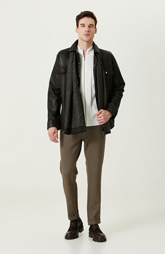 Ekru Kısa Kollu Jakarlı Triko Gömlek