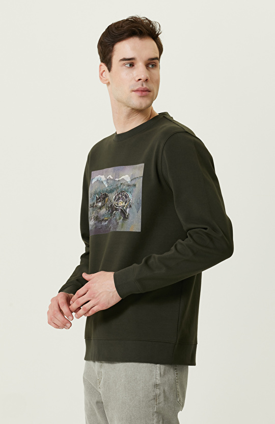 Nakışlı Haki Bisiklet Yaka Sweatshirt