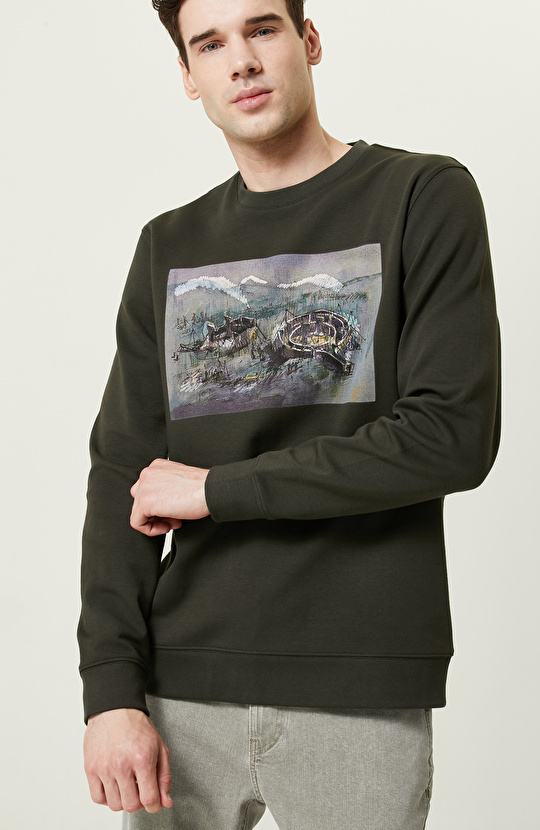 Nakışlı Haki Bisiklet Yaka Sweatshirt