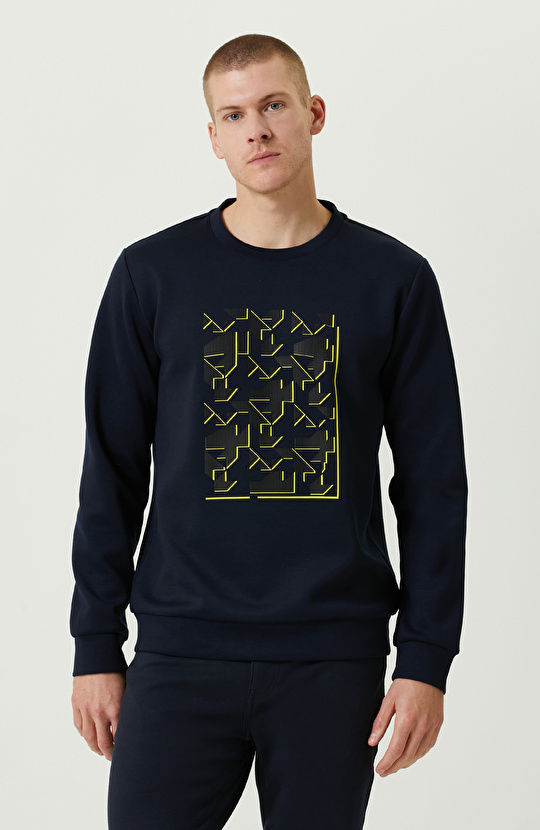 N-Tech Lacivert Bisiklet Yaka Baskılı Sweatshirt