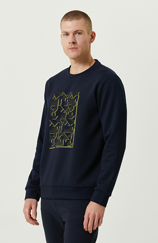 N-Tech Lacivert Bisiklet Yaka Baskılı Sweatshirt
