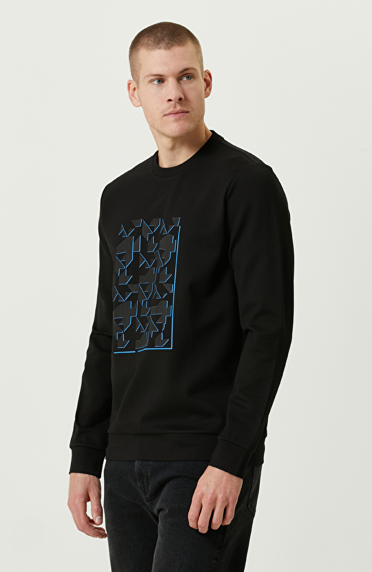 N-Tech Siyah Bisiklet Yaka Baskılı Sweatshirt
