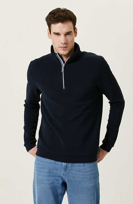 Lacivert Dik Yaka Uzun Kollu Sweatshirt