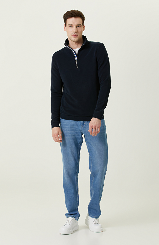 Lacivert Dik Yaka Uzun Kollu Sweatshirt