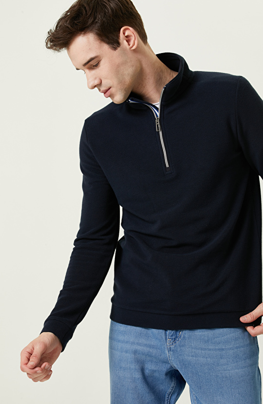 Lacivert Dik Yaka Uzun Kollu Sweatshirt