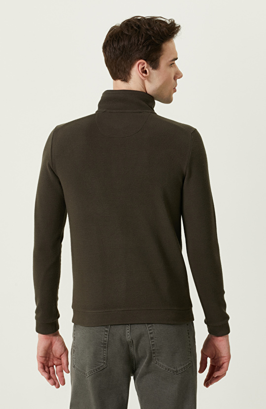 Fermuarlı Haki Dik Yaka Sweatshirt