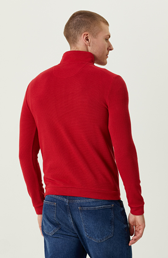Fermuarlı Kırmızı Dik Yaka Sweatshirt