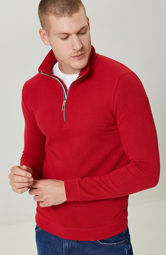Fermuarlı Kırmızı Dik Yaka Sweatshirt