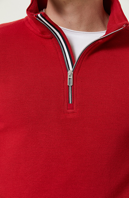Fermuarlı Kırmızı Dik Yaka Sweatshirt