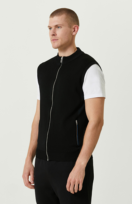 N-Tech Siyah Yan Cep Fermuarlı Triko Yelek