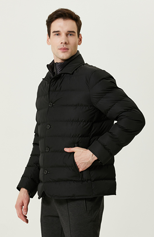 Yan Cep Fermuarlı Siyah Ceket