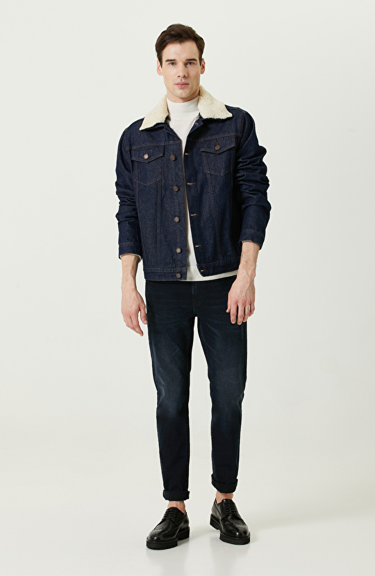 Yan Cepli Pamuklu Lacivert Denim Mont