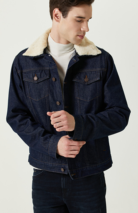 Yan Cepli Pamuklu Lacivert Denim Mont