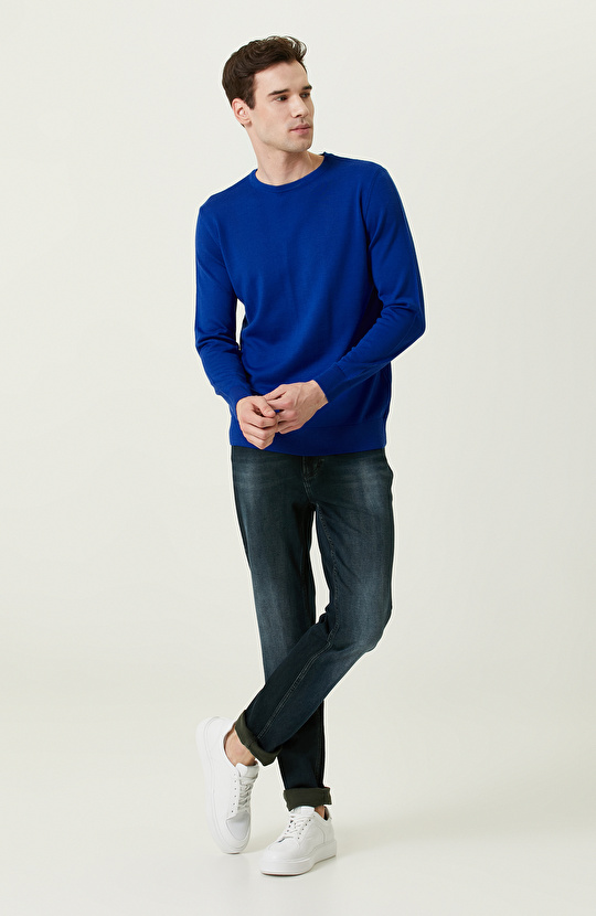 Bisiklet Yaka Saks Mavisi Triko Kazak