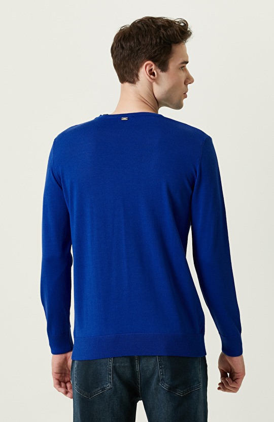 Bisiklet Yaka Saks Mavisi Triko Kazak