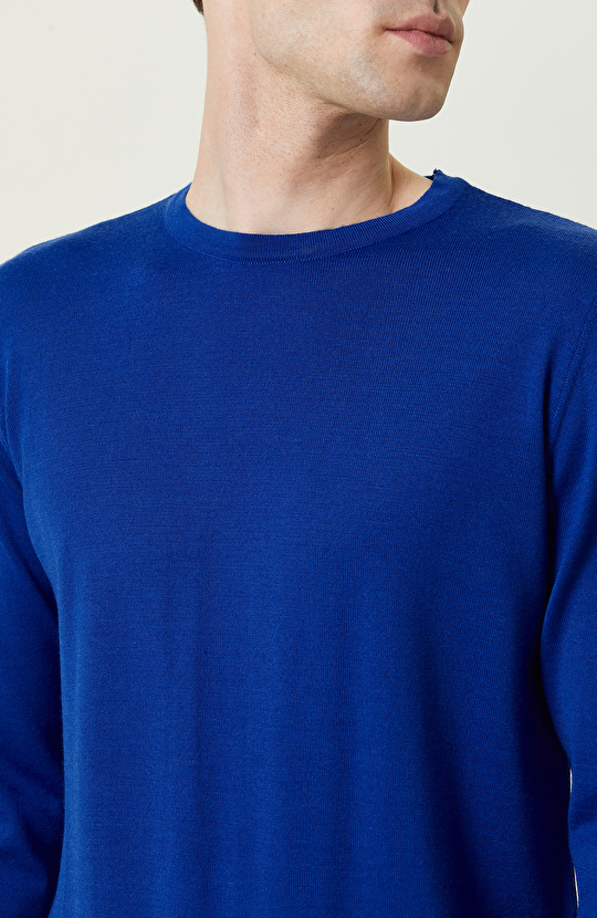 Bisiklet Yaka Saks Mavisi Triko Kazak